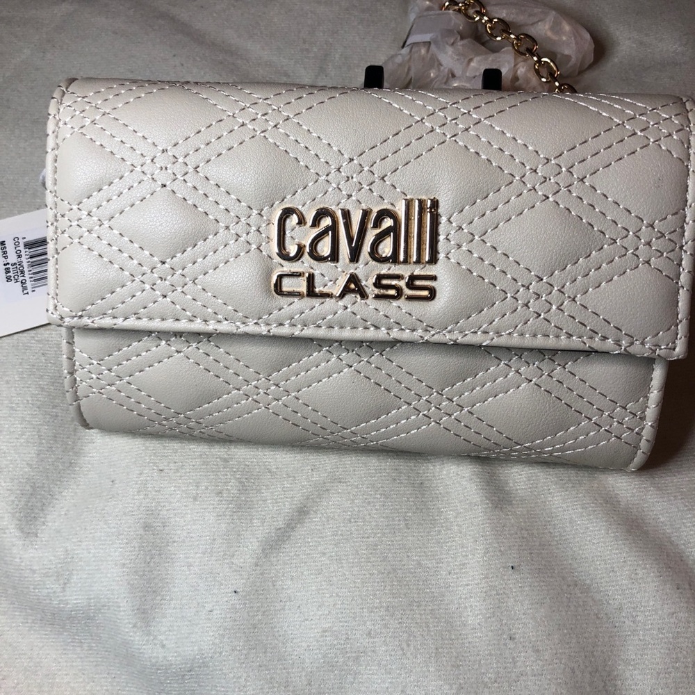 Cavalli Class Ivory Quilted Clutch with Gold Chain. Chanel vibes